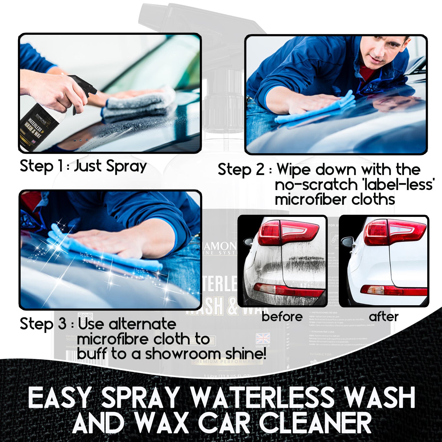 Waterless Wash & Wax Hydrophobic Spray - 1 Litre with 2 Microfibres